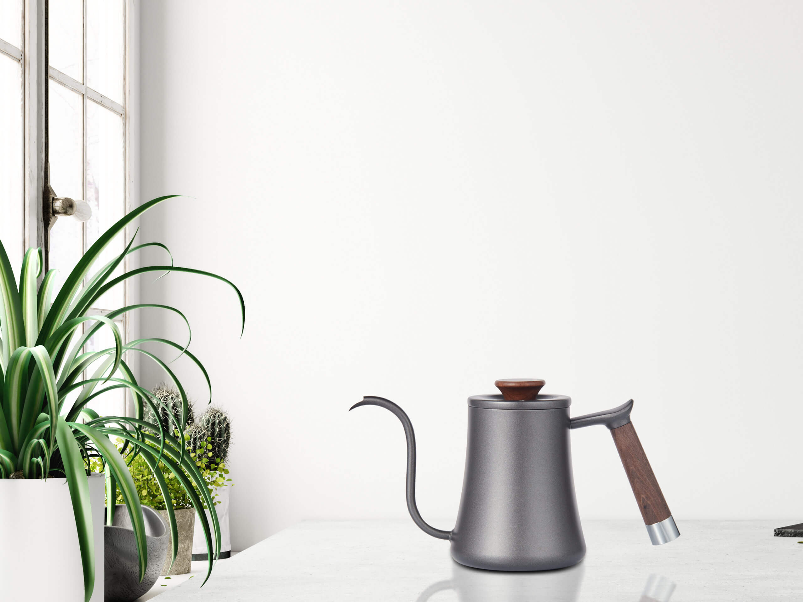 014 Ấm Rót nước vòi Cổ Ngỗng Pour over 600ml – thép không gỉ 600ml – Tay Cầm Gỗ tự nhiên