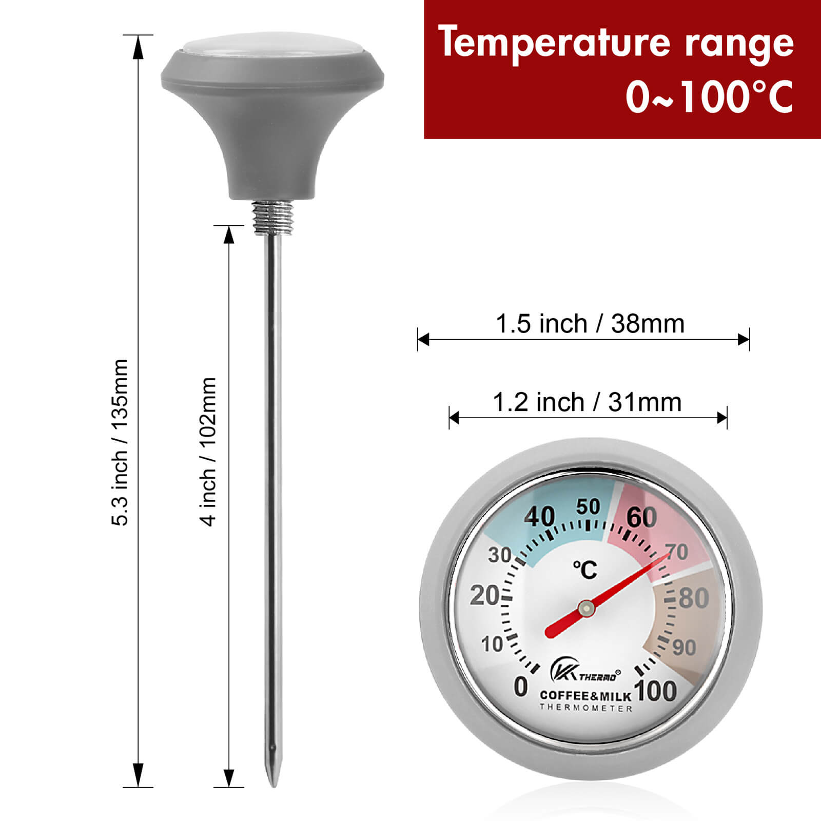 B-3 Nhiệt Kế Đo Nhiệt Độ Sữa, Cà Phê Cao Cấp Thermometer – Không Dùng Pin, Độ Chính Xác Cao