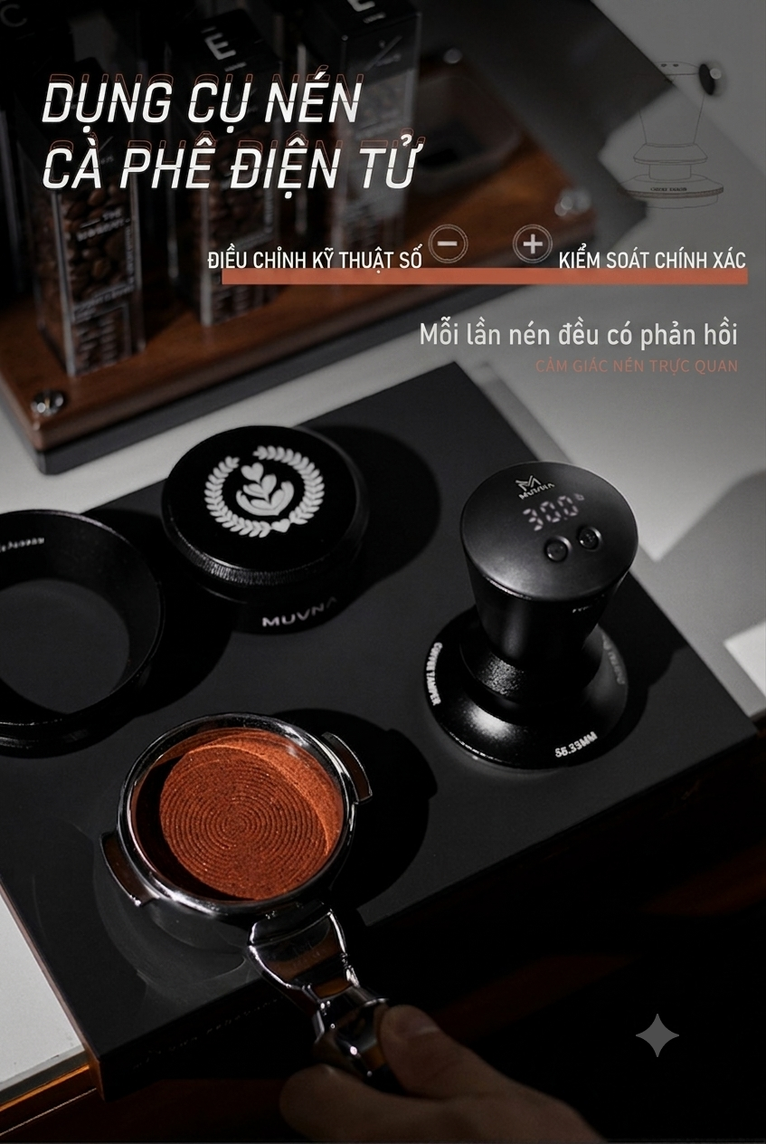 Gemini_Generated_Image_plbb8dplbb8dplbb Tamper Điện MUVNA 58.35mm | Tuỳ chỉnh Lực 2-18kg | LCD Hiển thị lực nén | âm thanh cảnh báo | digital tamper T2678